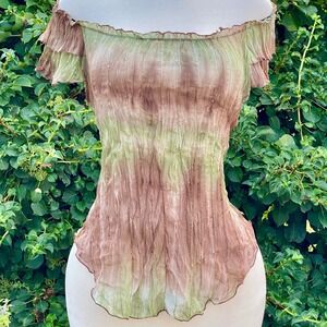 Y2K Goblincore Textured Green Brown Off Shoulder Sequin Sheer Mesh Whimsy Top -M